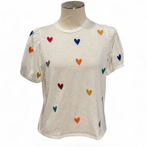 THML Embroidered Rainbow Heart Puff Sleeve Top Size Small NWT White Multicolor